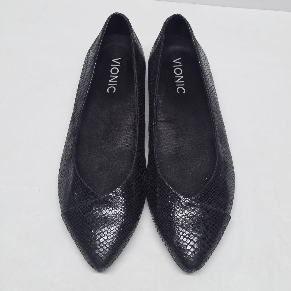 Vionic Caballo Black Snake Skin Print Pointed Toe Leather Ballet Flats Size US 6